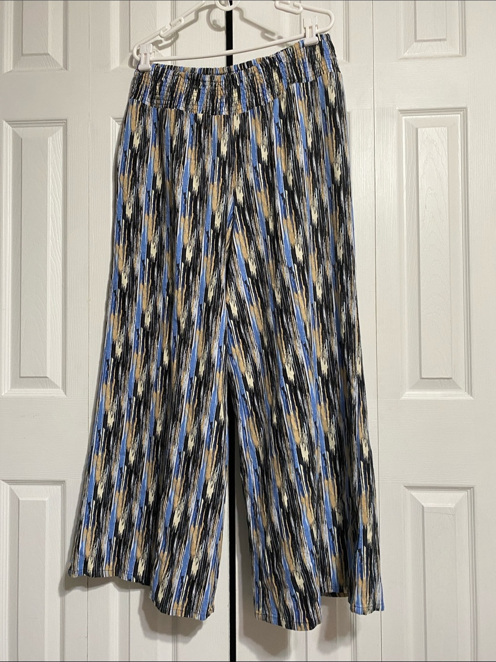 Passports blue tan cream white wide leg linen blend pants slacks trousers LARGE